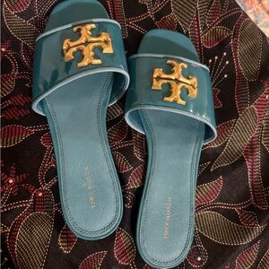 Tory Burch Teal Eleanor Slides with Gold Emblem